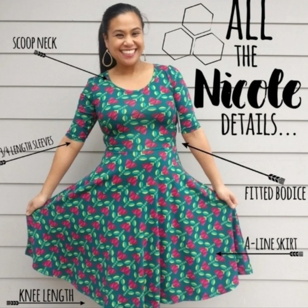 Brand New LuLaRoe Size M Navy, Aqua, Blue, Dark Coral Nicole Dress - Picture 7 of 7